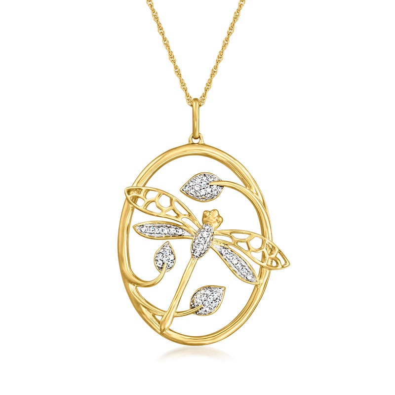 18kt gold over sterling diamond dragonfly pendant necklace, oval frame with sparkling stones
