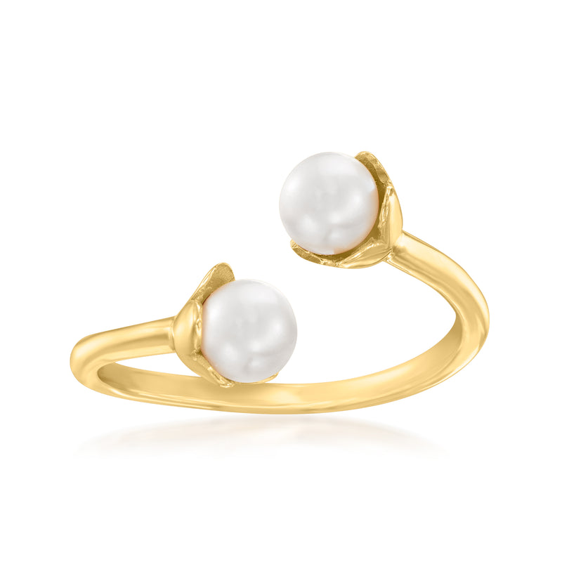 14kt yellow gold bypass ring with two 4–5mm cultured white pearls
