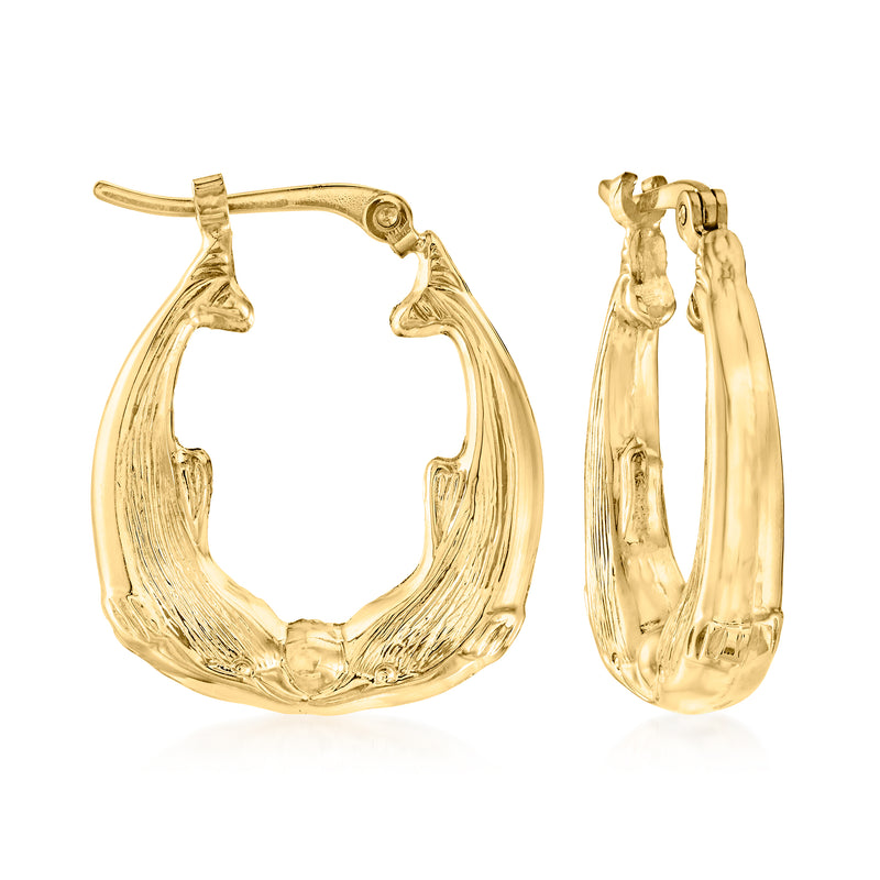 14kt yellow gold dolphin hoop earrings, textured dolphin detailing