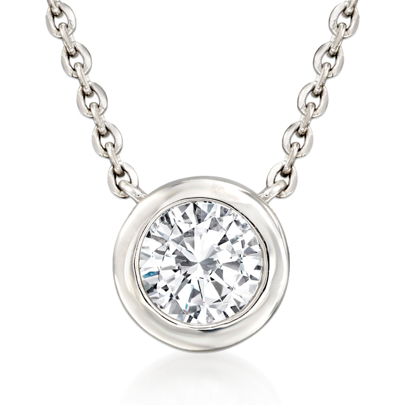 Platinum bezel-set diamond pendant necklace with round center diamond and link chain