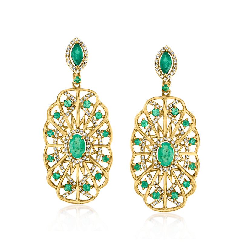14kt yellow gold drop earrings with oval emerald center and diamond accents