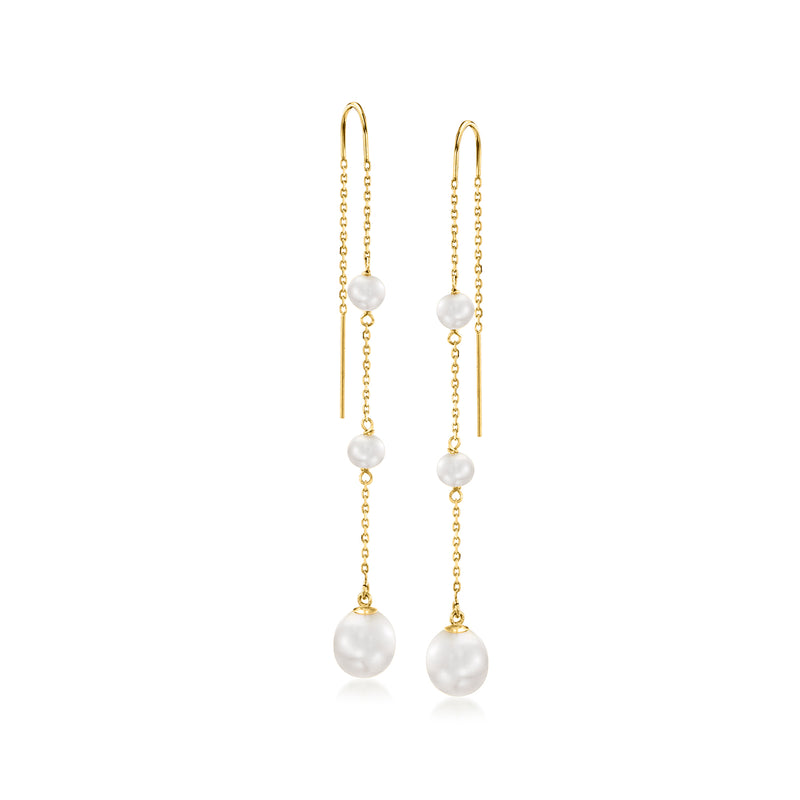 14kt yellow gold threader earrings with three cultured pearls on each drop