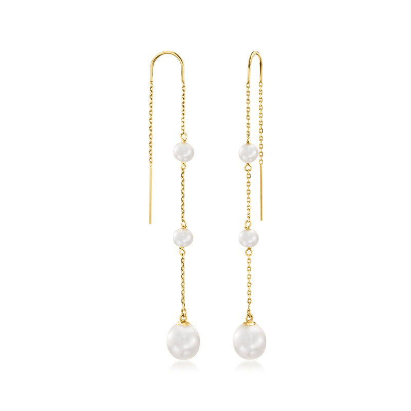 14kt yellow gold threader earrings with long pearl drops and three pearls each