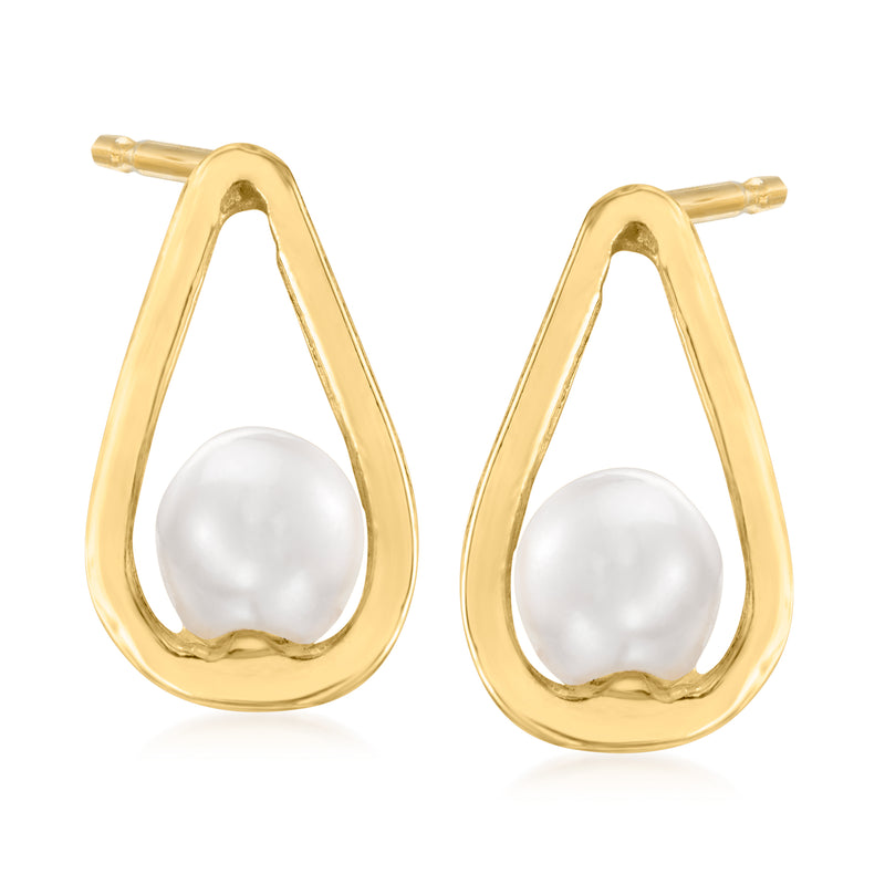 Yellow gold teardrop stud earrings with cultured pearl drops