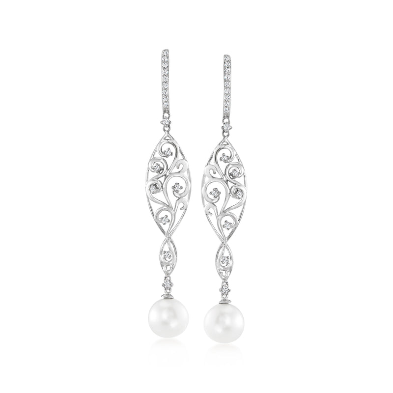 Cultured pearl and diamond drop earrings in white gold, filigree leaves with pearl dangles