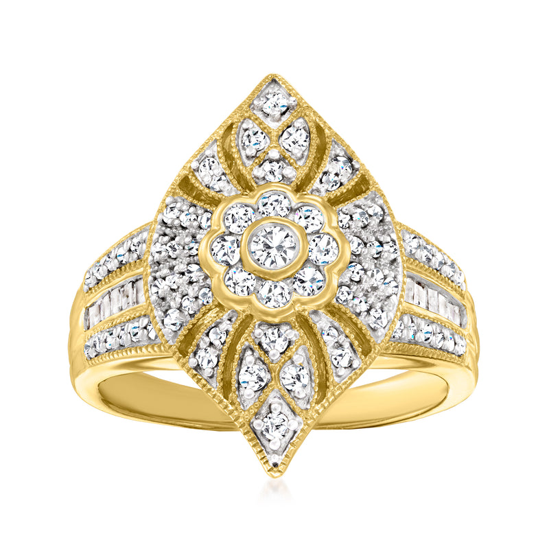 Diamond Art Deco leaf ring in 18kt gold over sterling with floral marquise pattern