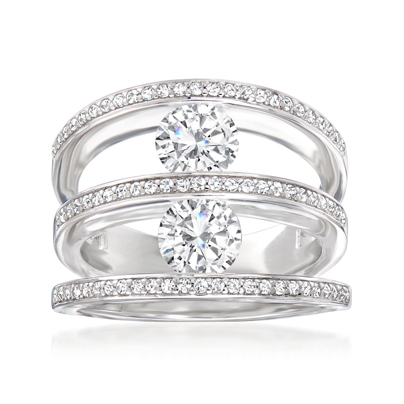 Sterling silver moissanite multi-row ring with round center stone and three diamond-like bands