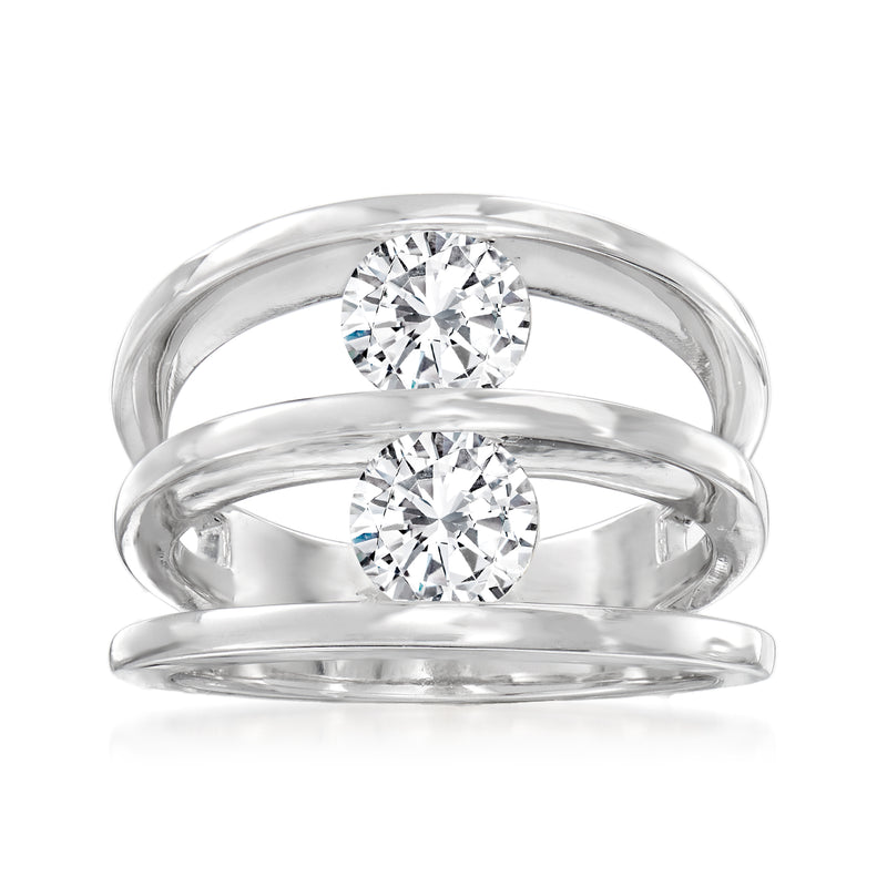 Sterling silver open-space ring with two round moissanite stones, prong-set