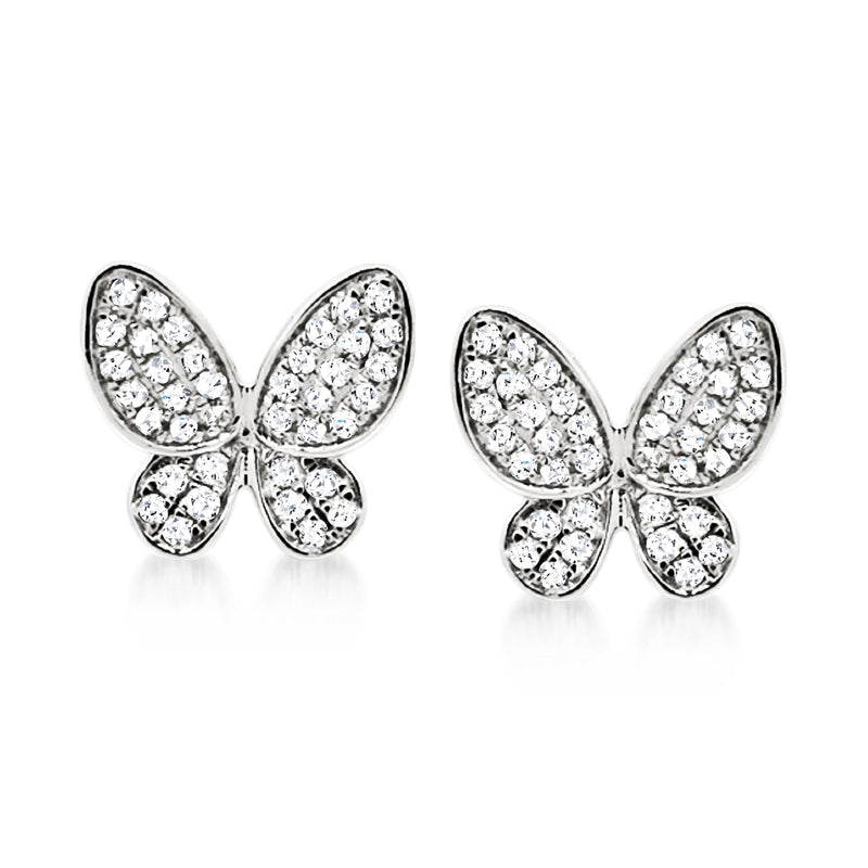 14kt white gold pave diamond butterfly stud earrings with post backs