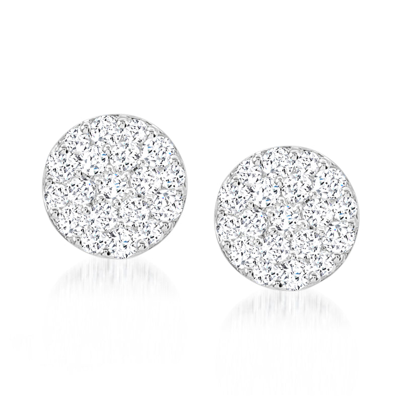 Pave diamond circle stud earrings with post backs in 14kt white gold