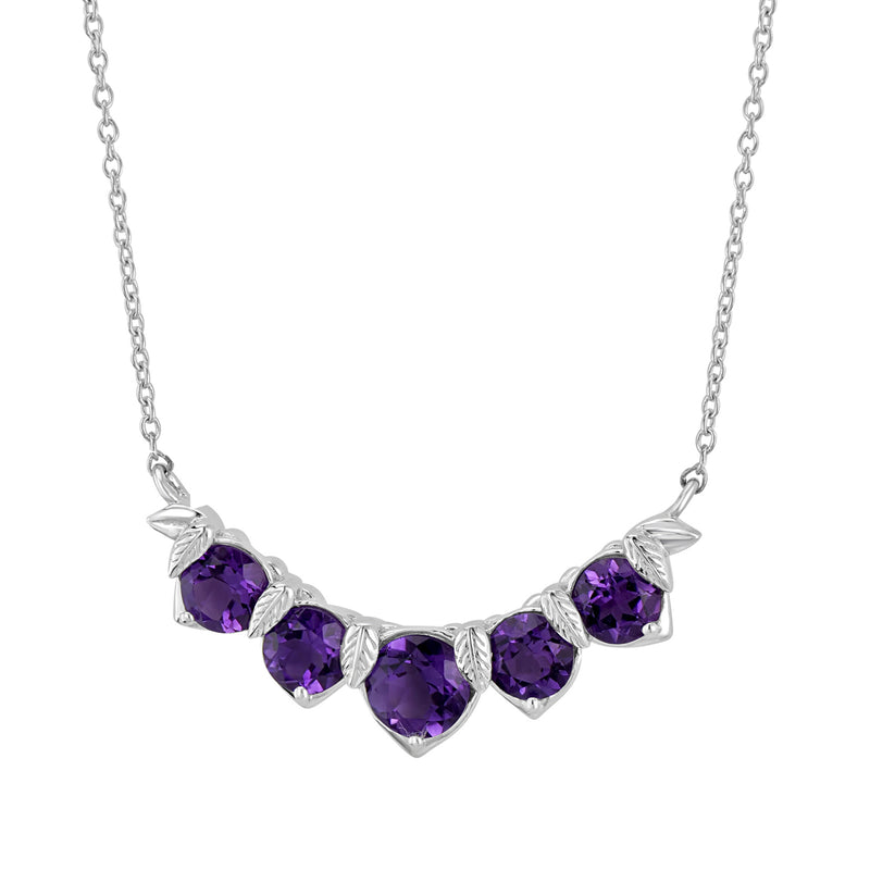 Sterling silver amethyst tennis necklace with five faceted purple gemstone stations on chain