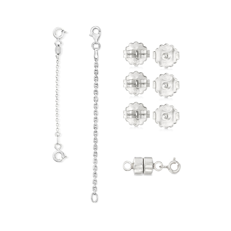 Sterling silver accessory kit: two long chain drops, six flower studs, and clasp connector
