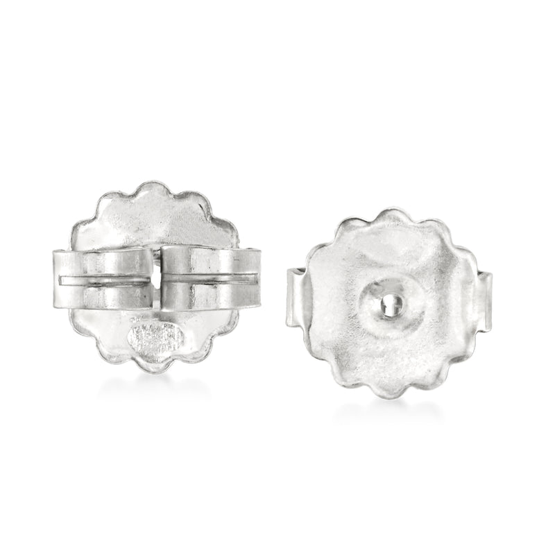 Sterling silver flower stud earrings with scalloped petals, close-up pair