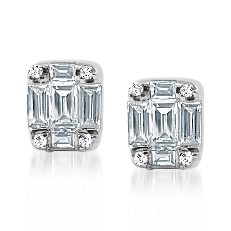 Diamond cluster stud earrings in 14kt white gold, square halo with 8 round stones