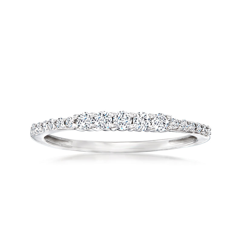14kt white gold five-stone diamond ring with round stones along the band