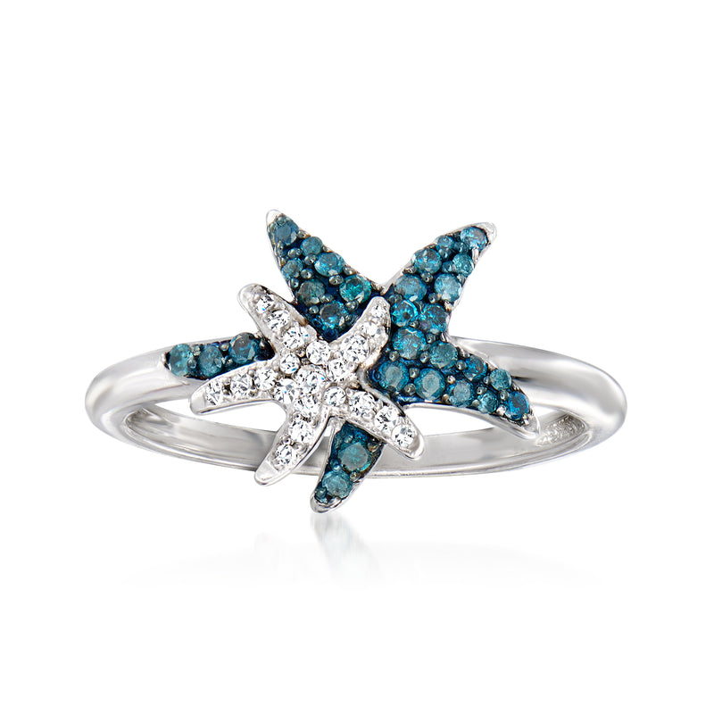 Sterling silver starfish ring with blue and white diamond accents, split band