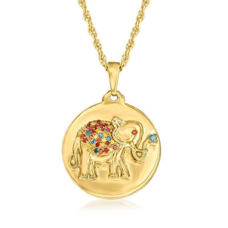 Gold-tone elephant medallion pendant necklace with multicolor gemstone inlay