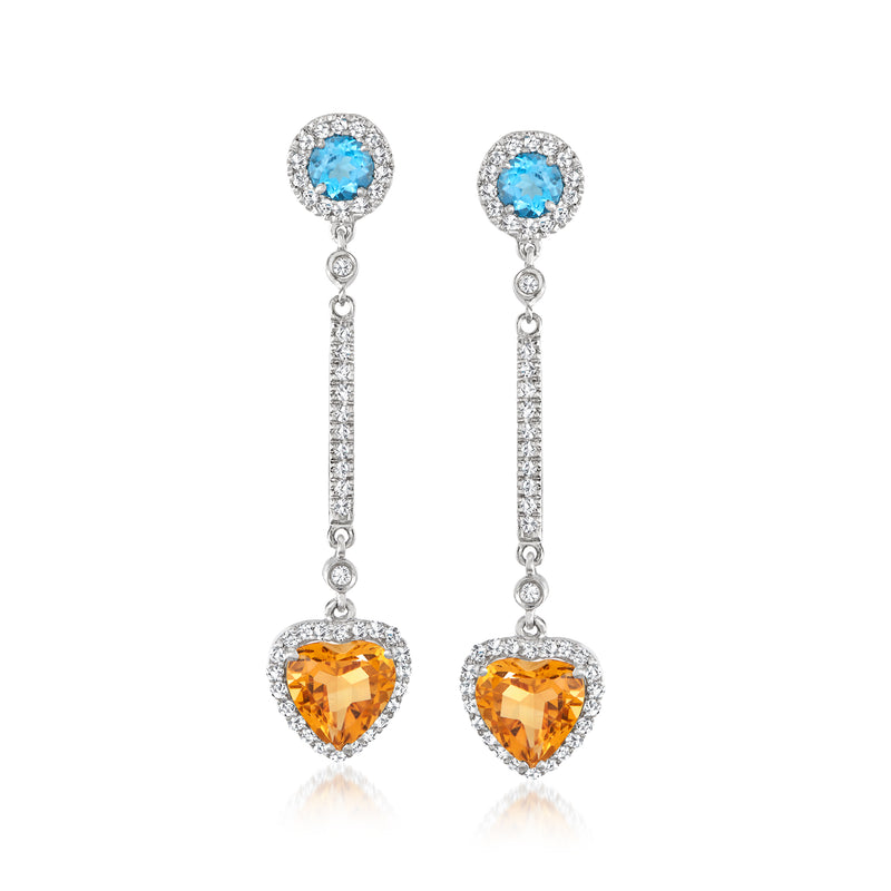 White gold drop earrings with blue topaz and orange heart gemstones with diamond accents