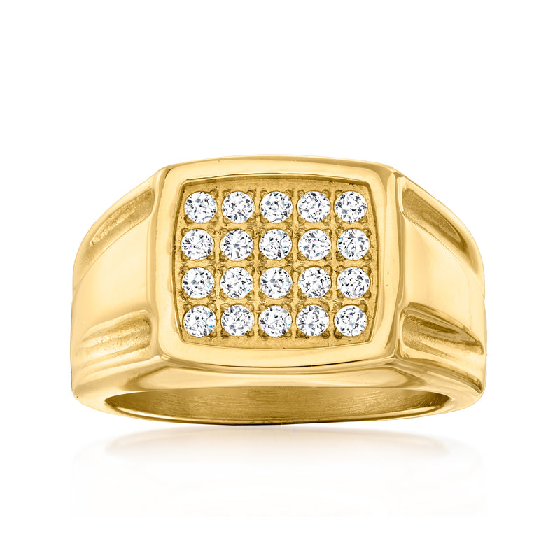 Men's square CZ ring with round clear stones in gold-tone bezel, yellow gold plate