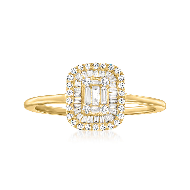 14kt yellow gold diamond cluster ring with square halo and baguette center stones