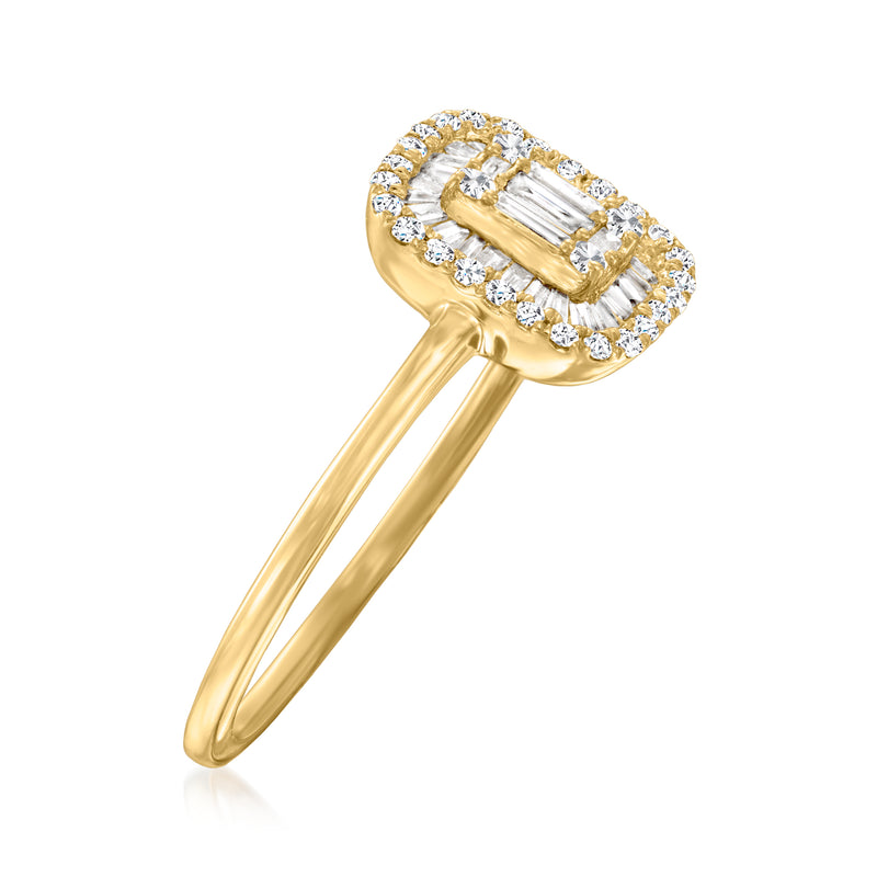 14kt yellow gold diamond cluster ring, angled view of baguette and round stones