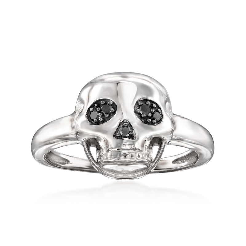 Sterling silver skull ring with black diamond accents, raised bezel settings