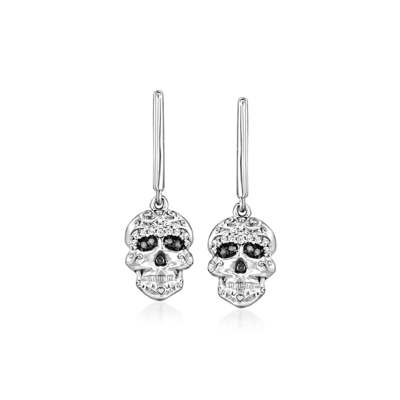 Sterling silver skull drop earrings with black and white diamond accents