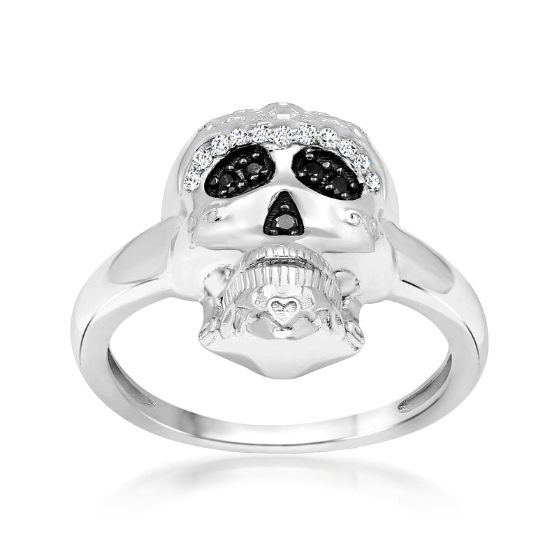 Sterling silver sugar skull ring with black and clear stone eyes and teeth