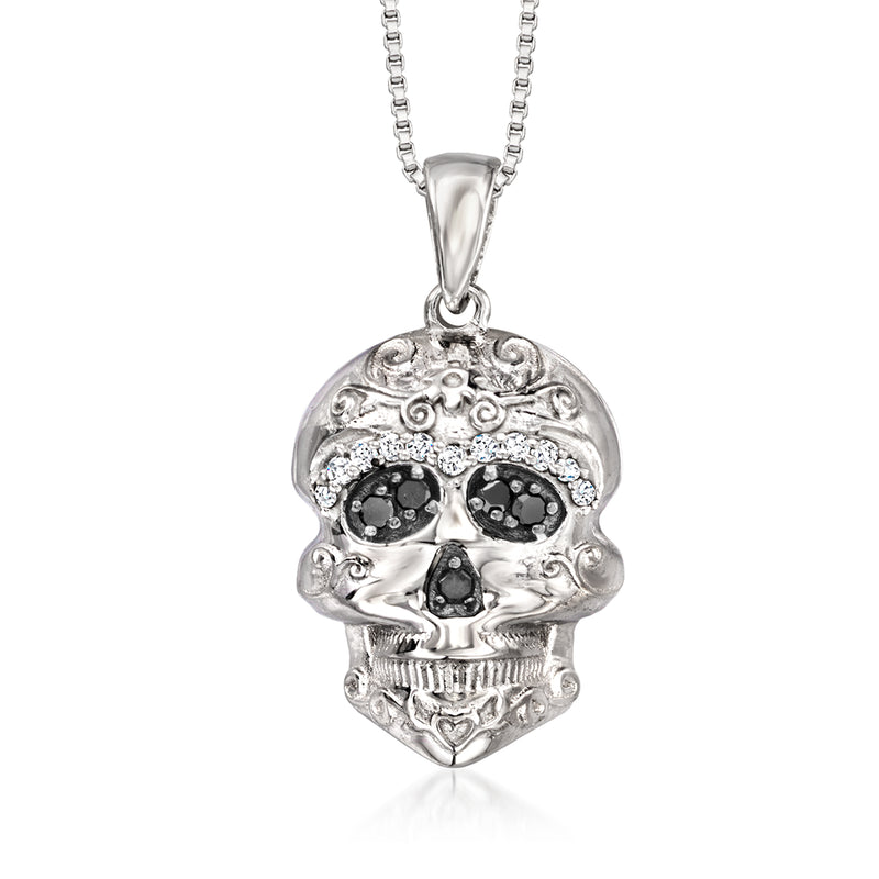 Sterling silver sugar skull pendant necklace with black and clear stone eyes