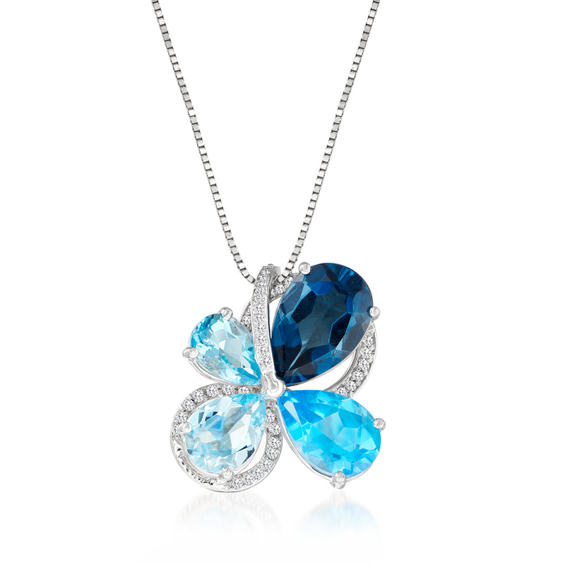 Butterfly pendant necklace in white gold with blue topaz stones and diamond accents.