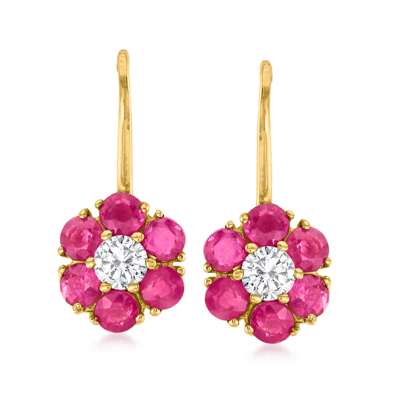 Ruby and diamond drop earrings in 14kt yellow gold, pink clusters with round center stones