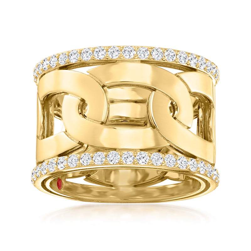 18kt yellow gold diamond ring with oval openwork band and two rows of round stones