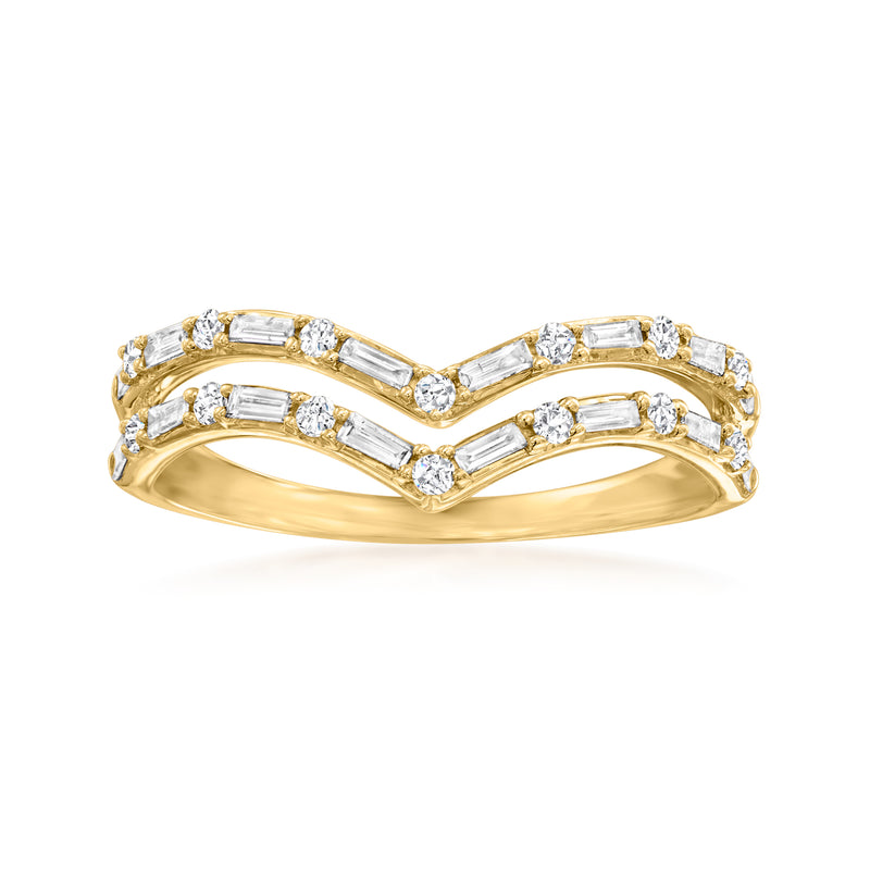 14kt yellow gold chevron open-space diamond ring with baguette-style diamond accents