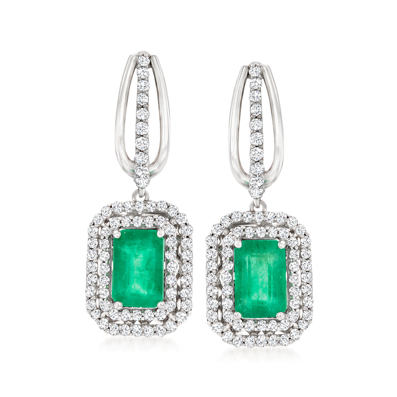 Drop earrings in white gold with emerald-green square stones and diamond halo