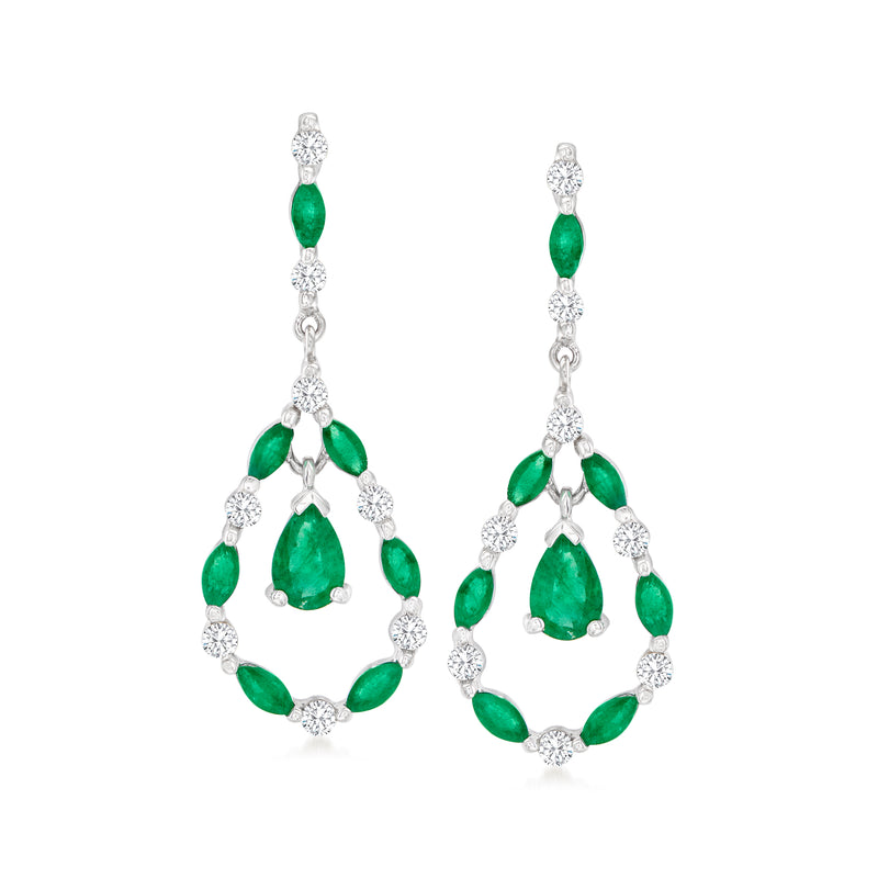 White gold drop earrings with green pear-shaped emeralds and round diamond accents