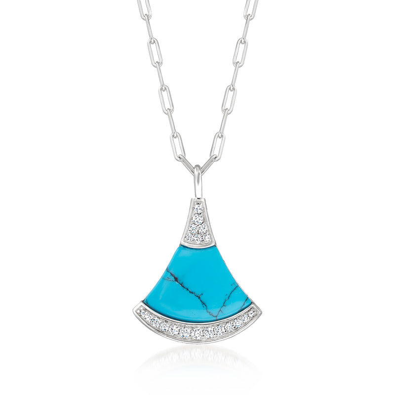 Sterling silver link chain necklace with turquoise fan-shaped CZ pendant