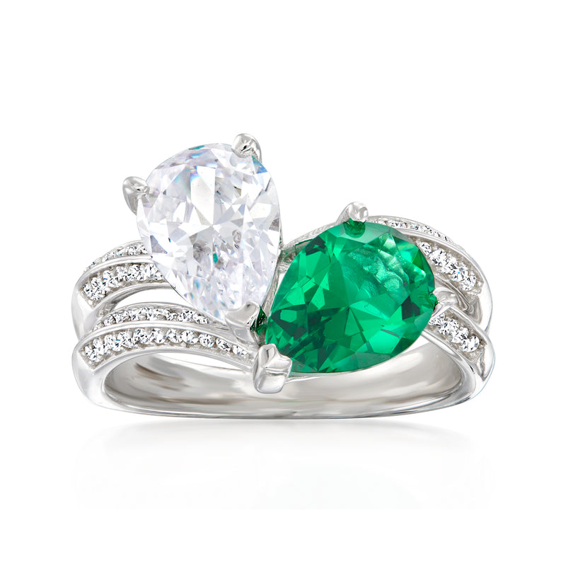 Sterling silver ring with pear-cut simulated emerald and clear CZ accents