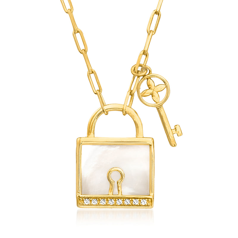 Gold over sterling necklace with mother-of-pearl lock, key motif, diamond accents