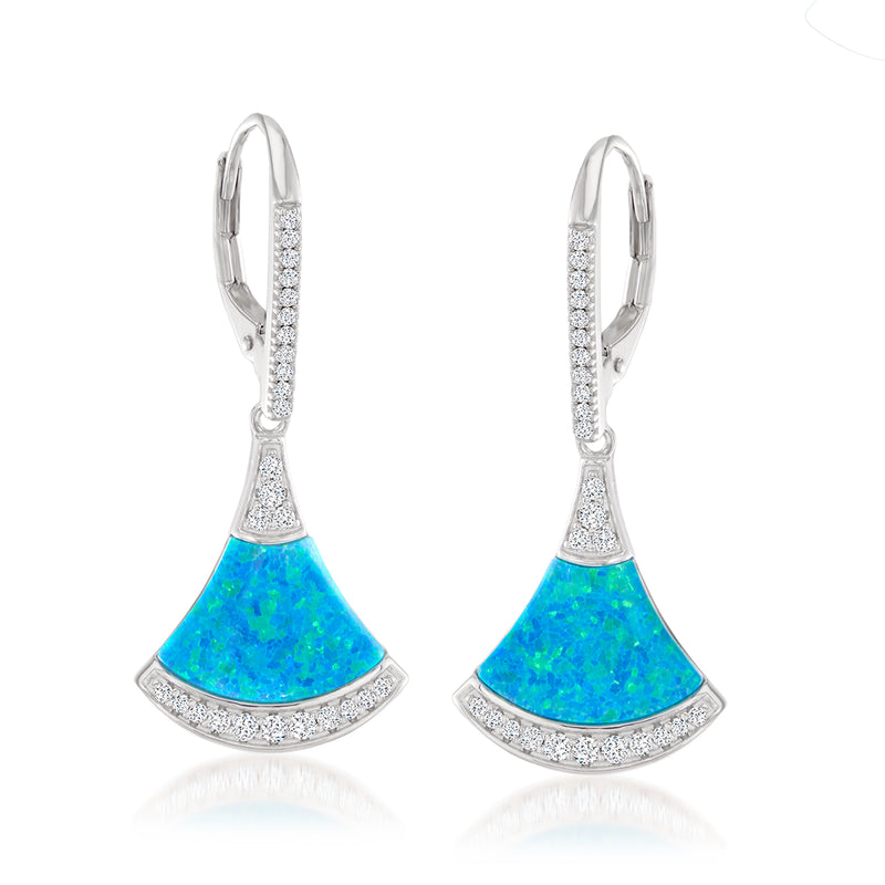 Sterling silver opal-blue CZ drop earrings, leverback closure, fan-shaped halo