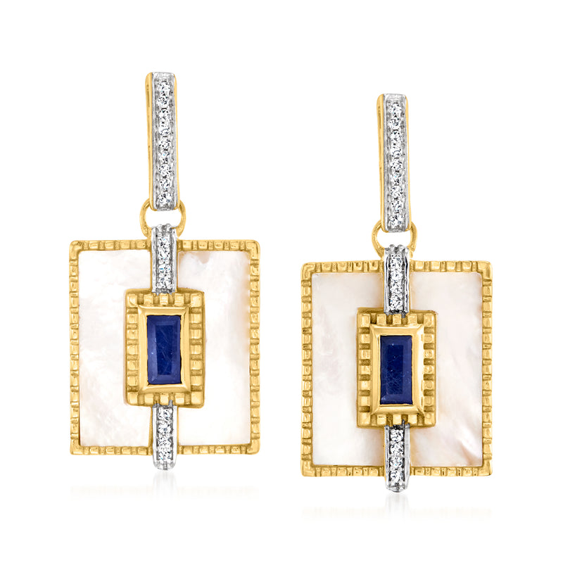 Mother-of-pearl and sapphire drop earrings with white topaz in 18kt gold over sterling