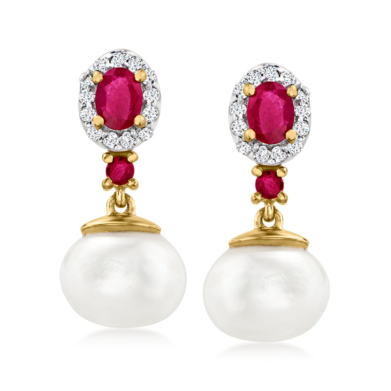 Pearl drop earrings with oval ruby center, white topaz halo, and gold drops