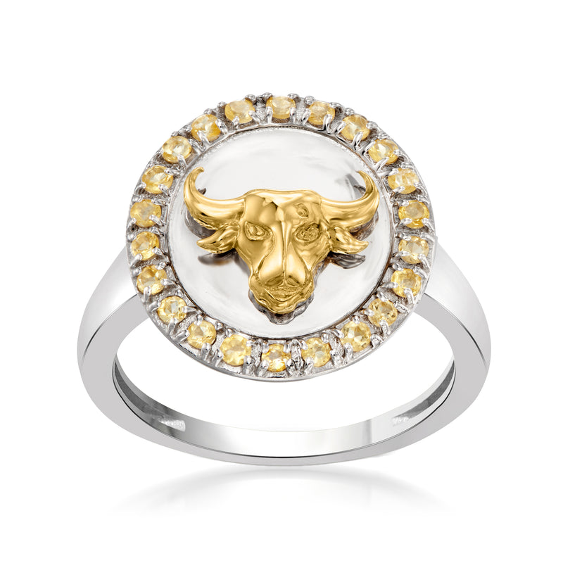 Two-tone sterling silver Taurus zodiac ring with gold bull head and citrine gemstone halo