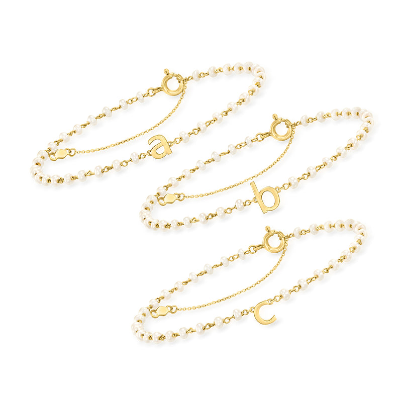 Cultured pearl initial bracelet in 14kt yellow gold with A, B, and C