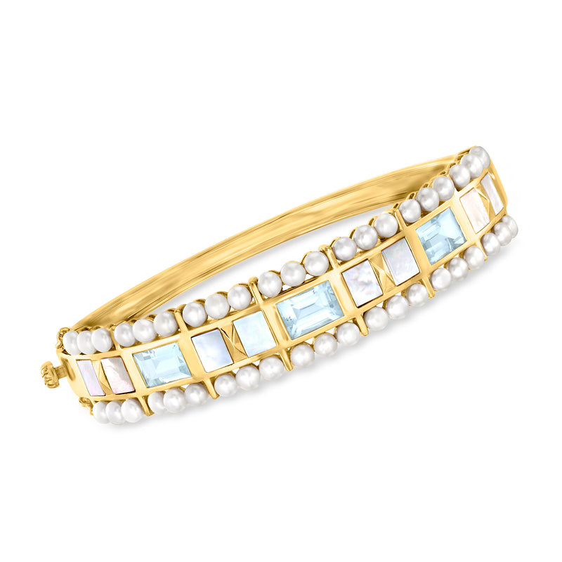 Gold bangle with sky-blue square stones and white pearls