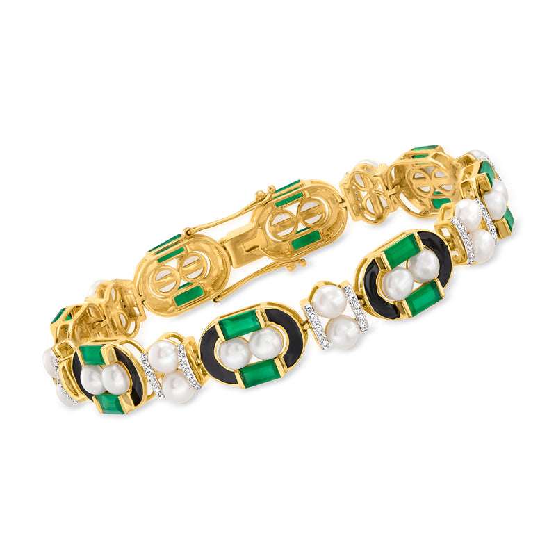 Gold-tone bracelet with green and black enamel links and white cultured pearls
