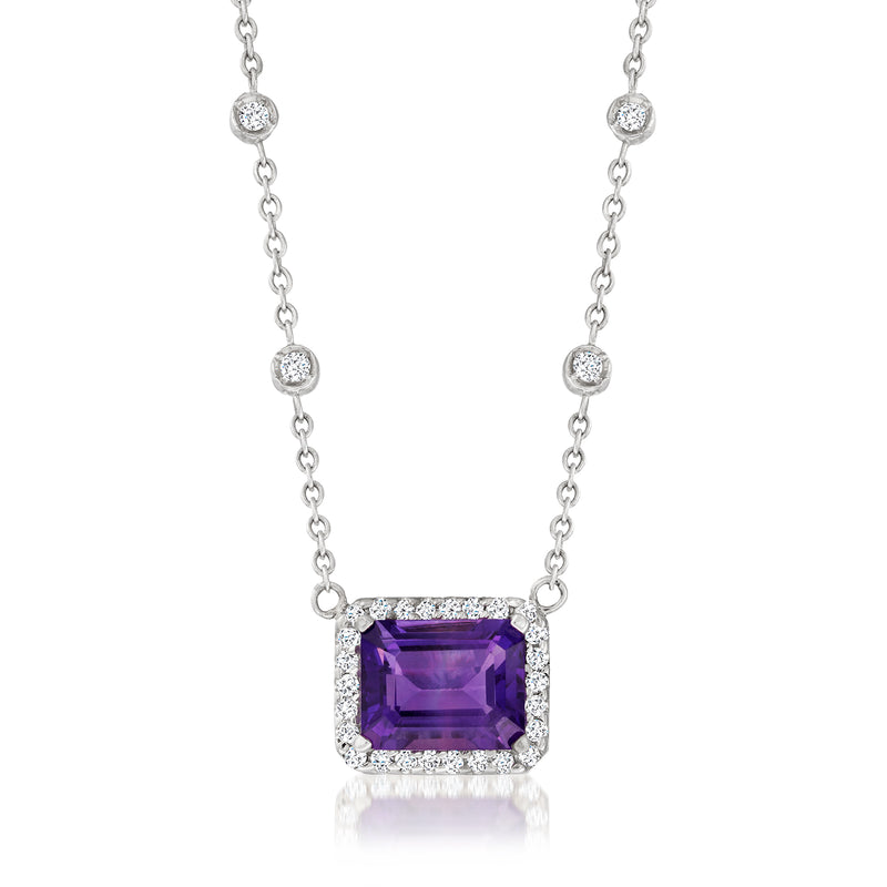 Amethyst and diamond halo pendant necklace in white gold, square purple stone on link chain