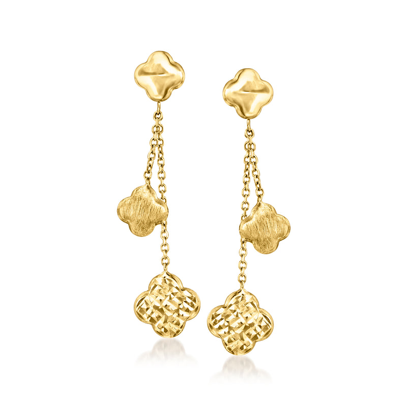 14kt yellow gold clover drop earrings with chain and textured dangling charms