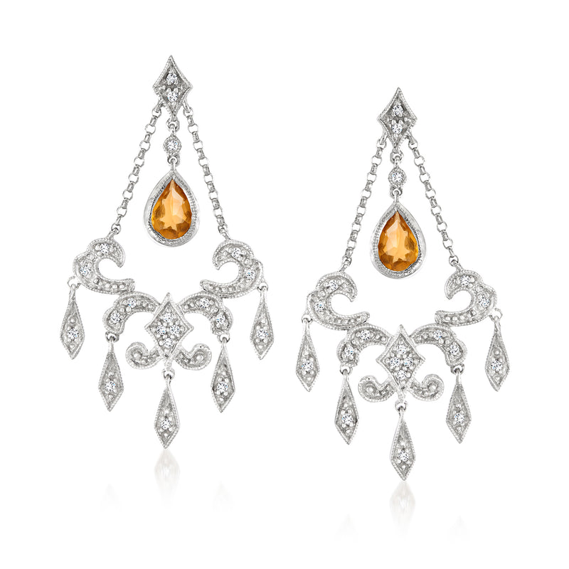 14kt white gold chandelier drop earrings, pear citrine center with diamond accents