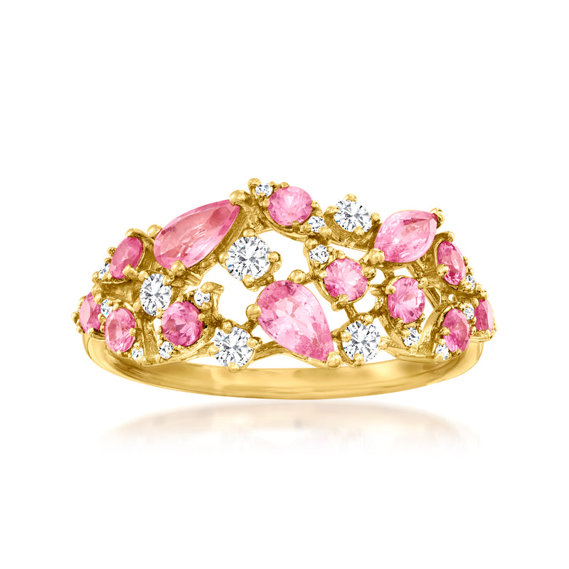 18kt yellow gold ring with oval pink sapphires and round diamonds in cluster setting