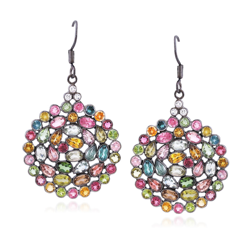 Sterling silver multicolored gemstone drop earrings with round crystal clusters
